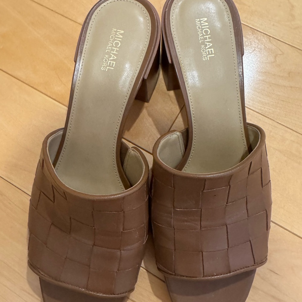Michael Kors Tan Woven Leather Slide Mules